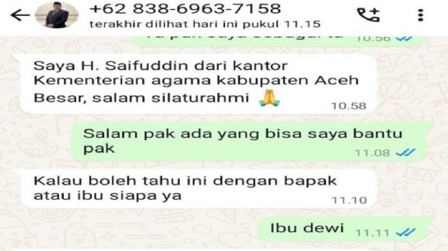 Screenshot nama Kepala Kemenag Aceh Besar dicatut orang tak dikenal dikenal, Minggu (11/8/2024) (ANTARA/HO/Kemenag Aceh Besar). 