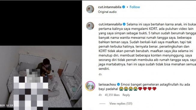 Larissa Chou tanggapi video detik-detik Cut Intan Nabila mendapat tindak KDRT dari suami (Instagram/@cut.intannabila)