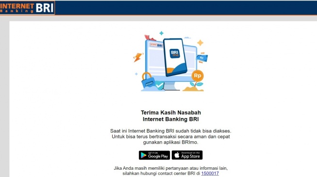 Tampilan website saat membuka layanan internet banking BRI pada Selasa (13/8/2024). Layanan ini sudah dimatikan sejak 28 Februari 2023. [Suara.com/Tangkapan Layar BRI Internet Banking]