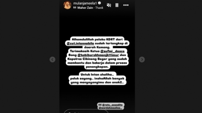 Unggahan Mulan Jameela terkait kasus KDRT melibatkan Cut Intan Nabila sebagai korban (Instagram/mulanjameela1)