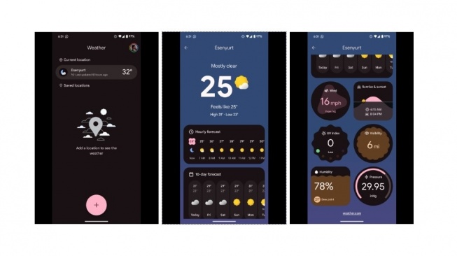 Tampilan aplikasi cuaca Pixel 9. [Xiaomi Time]