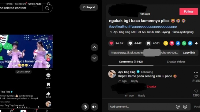 Ayu Ting Ting balas nyinyiran haters. [TikTok]