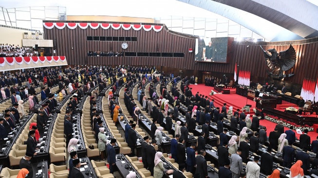 Suasana Sidang Tahunan MPR dan Sidang Bersama DPR - DPD Tahun 2024 di Gedung Nusantara, kompleks Parlemen, Senayan, Jakarta, Jumat (16/8/2024). [ANTARA FOTO/Aditya Pradana Putra/sgd/tom]