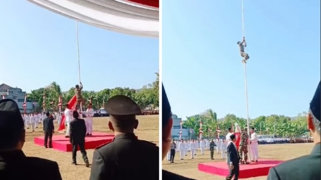 Aksi Pria Panjat Tiang Bendera Saat Upacara HUT Ke-79 RI di Lamongan Viral: Minta Jadi TNI Pak