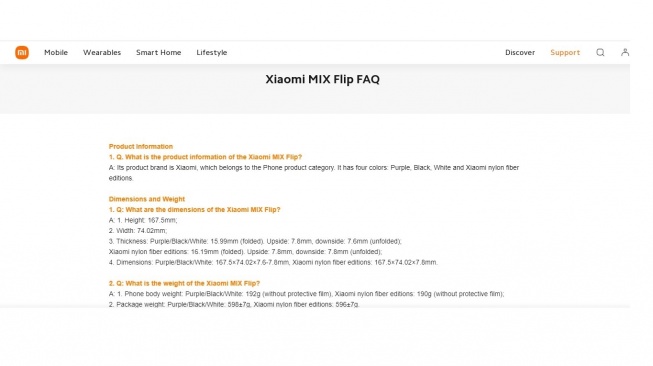 Halaman FAQ Xiaomi Mix Flip. [Xiaomi]