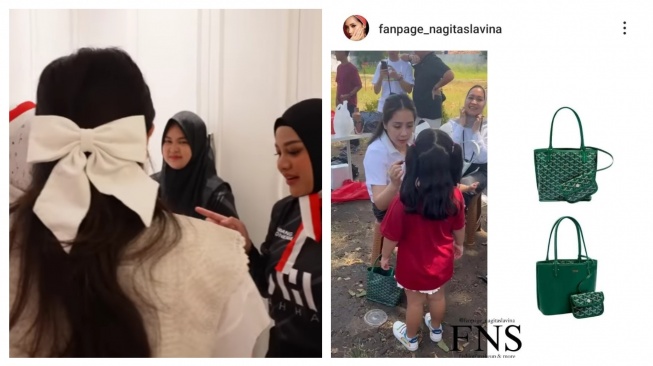 Kolase pita rambut branded dan tas mewah Nagita Slavina. (YouTube/AH ; Instagram/@fanpage_nagitaslavina)