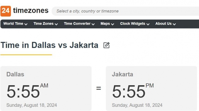 Selisih waktu Jakarta dan Dallas adalah 12 jam. (Dok. 24timezones)