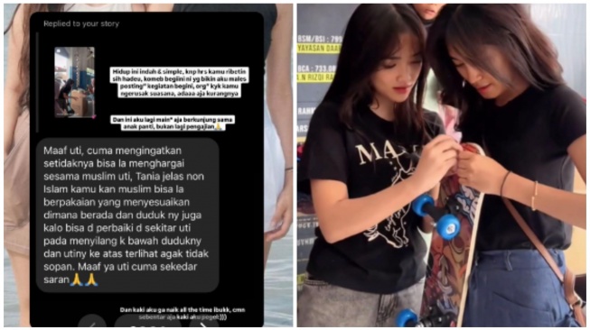 Kolase kegiatan Fuji di panti asuhan dan kritikan warganet soal gaya busana serta adab duduknya. (TikTok/@srikitiu5)