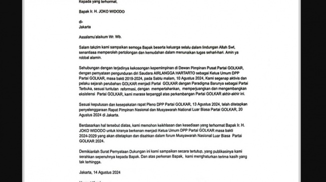 Beredar surat dukungan sejumlah politisi senior minta Jokowi jadi Ketum Golkar. (Ist)