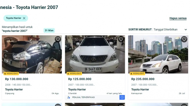 Toyota Harrier tahun 2007 di pasar mobil bekas (OLX)