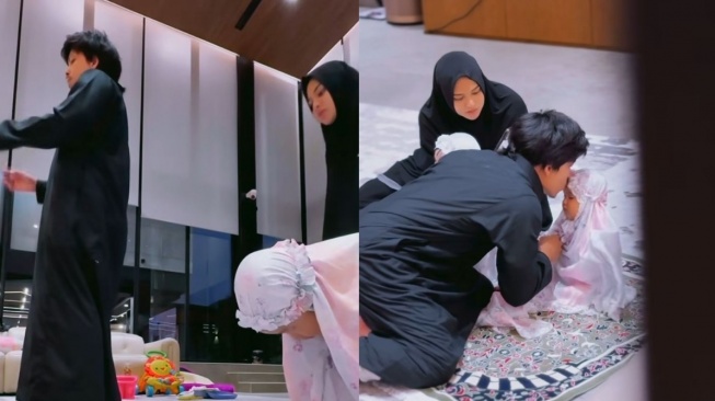 Potret Atta Halilintar dan Aurel Hermasyah sedang salat berjemaah bersama anak (Instagram/attahalilintar)