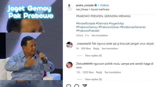 Unggahan Andre Rosiade di Instagram soal video joget gemoy Prabowo yang diserbu netizen. (tangkapan layar/instagram)