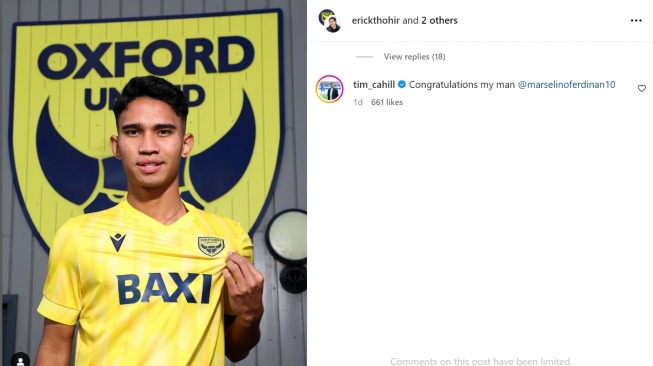 Marselino Ferdinan dapat dukungan dari legenda Australia, Tim Cahill. (Instagram/@erickthohir)