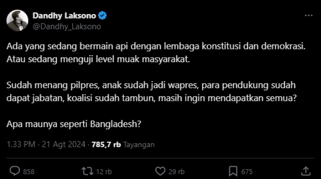 Cuitan Dandhy Laksono diduga menyindir Jokowi. (Tangkapan layar/X)