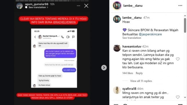 Rachel Vennya diduga klarifikasi isu miring kejantanan Thariq Halilintar (Instagram/@lambe__danu)