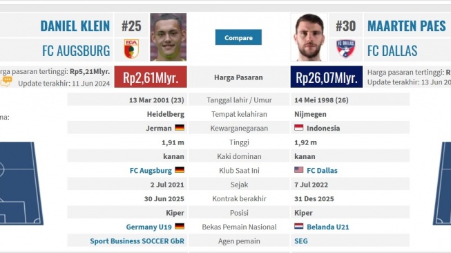 Perbandingan Harga Pasar Maarten Paes vs Kiper Berdarah Bali di Bundesliga [Transfermarkt.co.id]