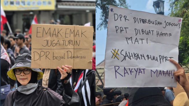 Massa aksi Kawal Putusan MK yang membawa poster tuntutan bergerak ke Gedung Agung Yogyakarta, Kamis (22/8/2024) [Yoursay/ Ayu P. Nabila]