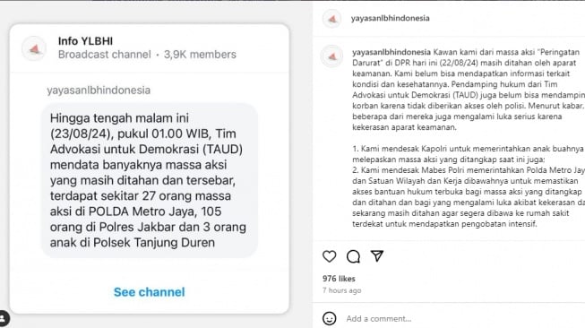 YLBHI ungkap kabar ratusan pendemo tolak RUU Pilkada yang ditangkap polisi. (tangkapan layar/ist)