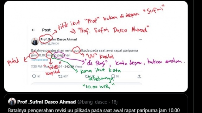 Cuitan Sufmi Dasco Ahmad yang penulisannya dianggap acak kadut. (tangkapan layar/X)