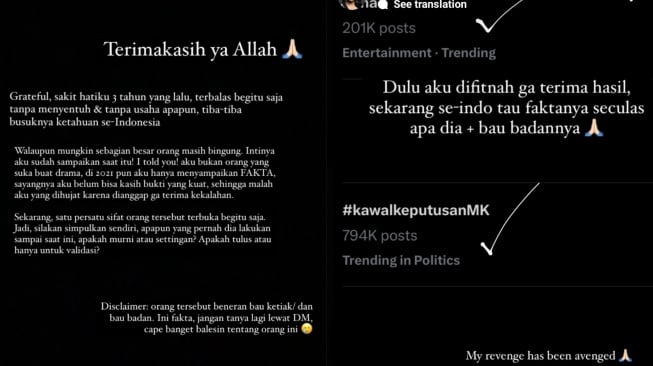 Postingan Shania Binti Mahir Hamdun Tentang Bau Badan Erina Gudono (Instagram)