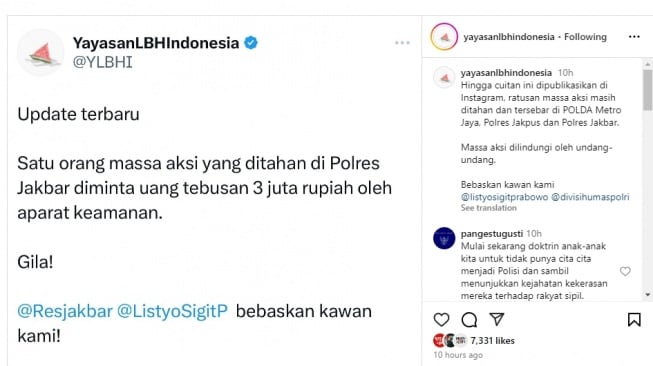 Viral polisi dituding meminta uang tebusan usai menangkap pendemo tolak RUU Pilkada di DPR. (tangkapan layar/Instagram YLBHI)