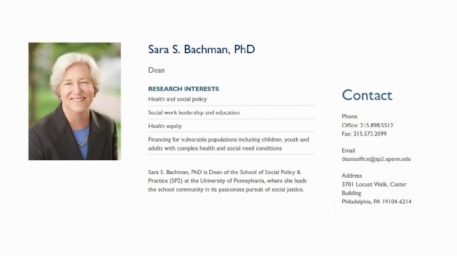 Profil Sara S. Bachman, PhD, Dekan School of Social Policy & Practice (SP2) di University of Pennsylvania. [screenshot]