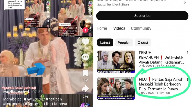 Dua akun, TikTok dan YouTube yang memberitakan Aaliyah Massaid sudah hamil sebelum nikah. [Instagram]