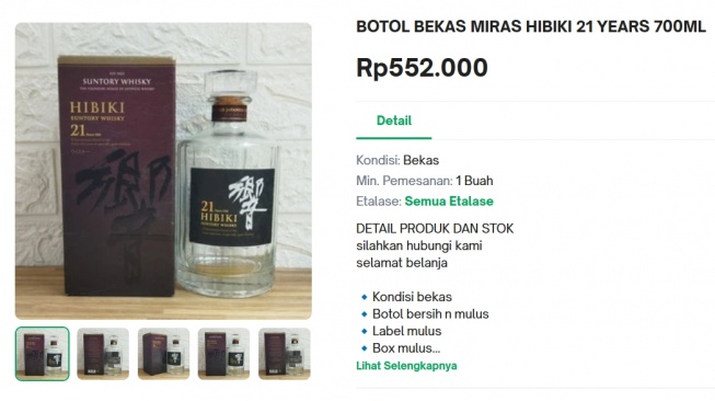 Harga botol kosong bekas Hibiki 21 years. (Tokopedia)