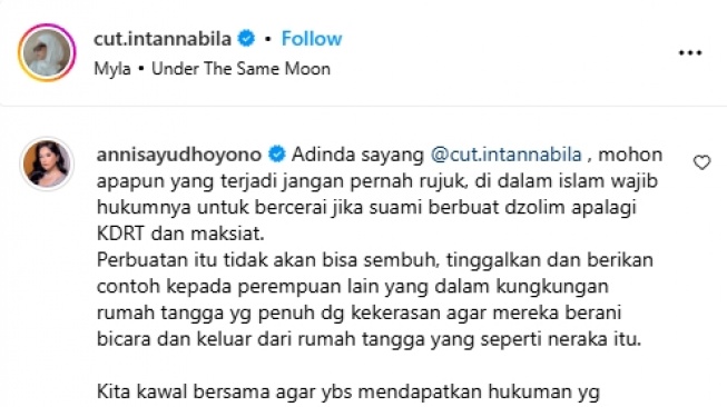 Cut Intan Nabila dapat dukungan Annisa Yudhoyono (Instagram/@cut.intannabila)