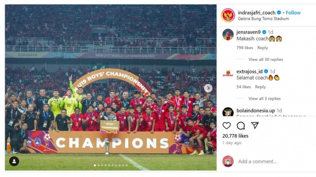 Penyerang keturunan Timnas Indonesia U-20, Jens Raven tiba-tiba mengucapkan terima kasih ke pelatih Indra Sjafri. [Dok. Instagram/Indra Sjafri]