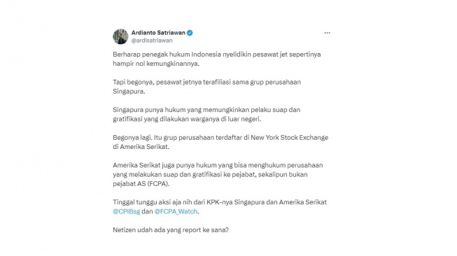 Cuitan warganet soal pelaporan KPK ke Singapura dan Amerika. [X/ardisatriawan]