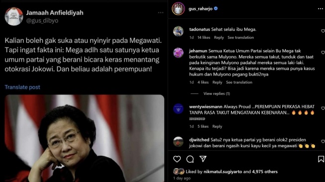 Pegiat media sosial (medsos) Gus Raharjo menyoroti kepimpinan Ketua Umum Partai Demokrasi Indonesia Perjuangan (PDIP), Megawati Soekarnoputri. [@gus_dibyo]