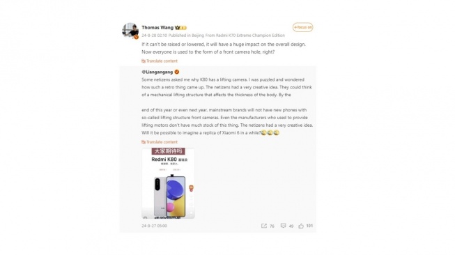 Unggahan Weibo Wang Teng soal Redmi K80. [Weibo via Xiaomitime]
