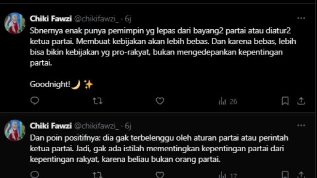 Cuitan aktivis sekaligus musisi Chiki Fawzi usai Anies Baswedan gagal maju Pilkada Jakarta. (tangkapan layar/X)