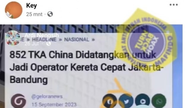 Cek Fakta: Seluruh Pekerja Kereta Cepat Bandung-Jakarta Asal China, Rakyat Hanya Kebagian Bayar Utang Negara [Ist]