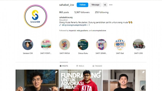 Penampakan akun Instagram resmi ICW. (tangkapan layar/Instagram)