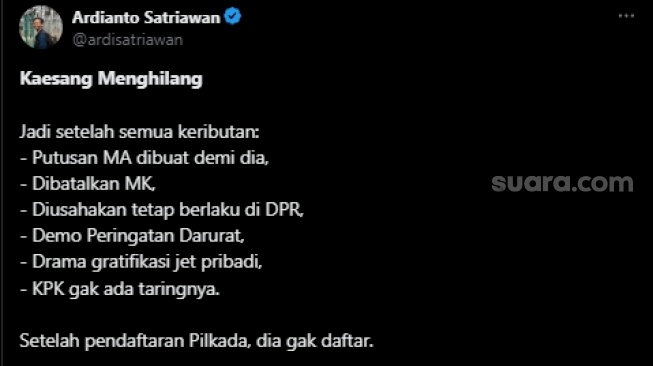 Cuitan netizen setelah nama Kaesang trending di platform X. (tangkapan layar/X)