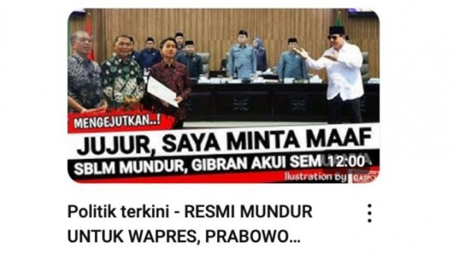 Unggahan video yang menarasikan Gibran resmi mundur sebagai wakil presiden Prabowo pada awal Juli. Faktanya, dalam video tersebut membacakan Gibran mundur dari wali kota solo, bukan wakil presiden. (YouTube)