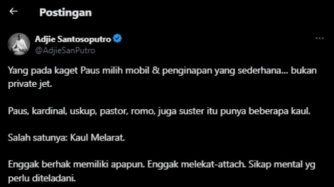 Cuitan Psikolog Adjie Santosoputro menyoroti kunjungan Paus Fransiskus ke Indonesia. (tangkapan layar/X)