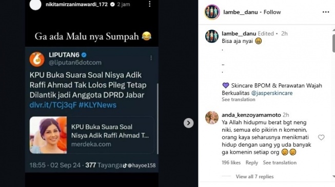 Nikita Mirzani sindir Nisya Ahmad yang dilantik jadi anggota DPRD Jawa Barat (Instagram/@lambe__danu)