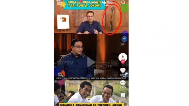 Unggahan yang menarasikan tongkat Diponegoro Anies Baswedan jadi latar di video Anies. Faktanya, tongkat tersebut merupakan replika yang didapatkan Anies saat berziarah dimakam raja di DIY. (TikTok)