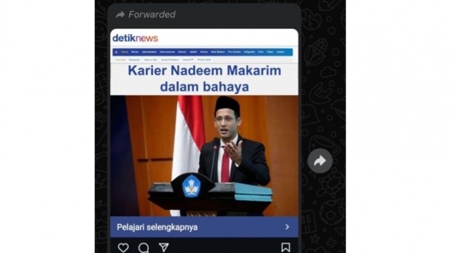 Unggahan Artikel yang menarasikan karir Nadiem Makarim dalam bahaya. Faktanya, artikel tersebut merupakan editan. (WhatsApp/Suara.com)