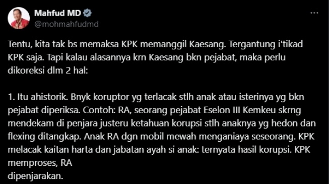 Cuitan Mahfud MD menyentil KPK yang tak kunjung memanggil Kaesang atas kasus pesawat jet. (tangkapan layar/X)