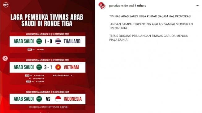 Arab Saudi selalu mendapatkan penalti dalam dua laga putaran ketiga Kualifikasi Piala Dunia. (Instagram/@garudaonside)