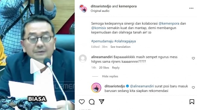 Jawaban Menpora Dito saat ditanya apakah sempat mengurus naturalisasi Eliano Reijnders dan Mees Hilgers. (Instagram/@ditoariotedjo)