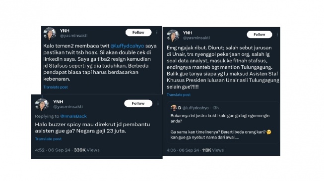 Cuitan Yasmin Nur, Stafsus Presiden yang viral. [screenshot]