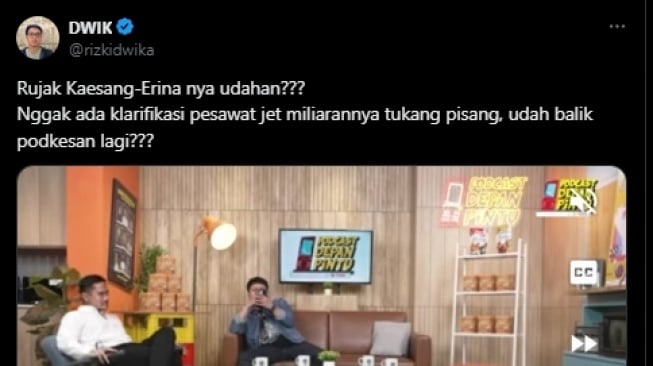 Cuitan pengguna X menyoroti Kaesang yang muncul di akun podcast usai kasus jet pribadi. (tangkapan layar/X)