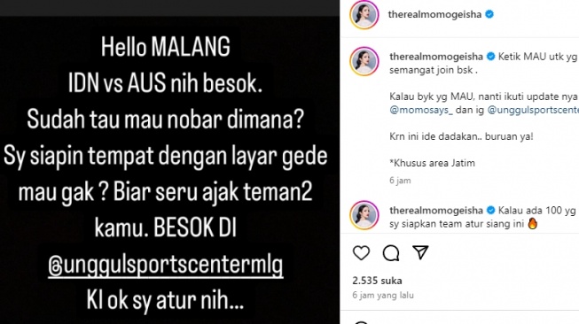 Momo Geisha ajak nonton bareng timnas (Instagram)