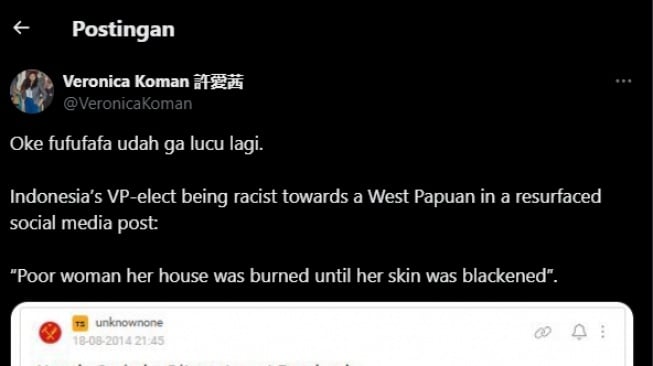 Cuitan aktivis HAM Veronica Koman yang geram dengan postingan akun Kaskus Fufufafa diduga milik Gibran karena dianggap berbau rasismen  kepada masyarakat Papua. (Tangkapan layar/X)