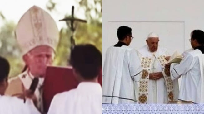 Dalam mendaraskan doa, Sri Paus Yohanes Paulus II (1989) menggunakan Bahasa Indonesia dan Sri Paus Fransiskus (2024) menggunakan Bahasa Latin [kolase: screenshot YouTube Komsos Keuskupan Agung Semarang dan Instagram @franciscus Pope Francis Official]